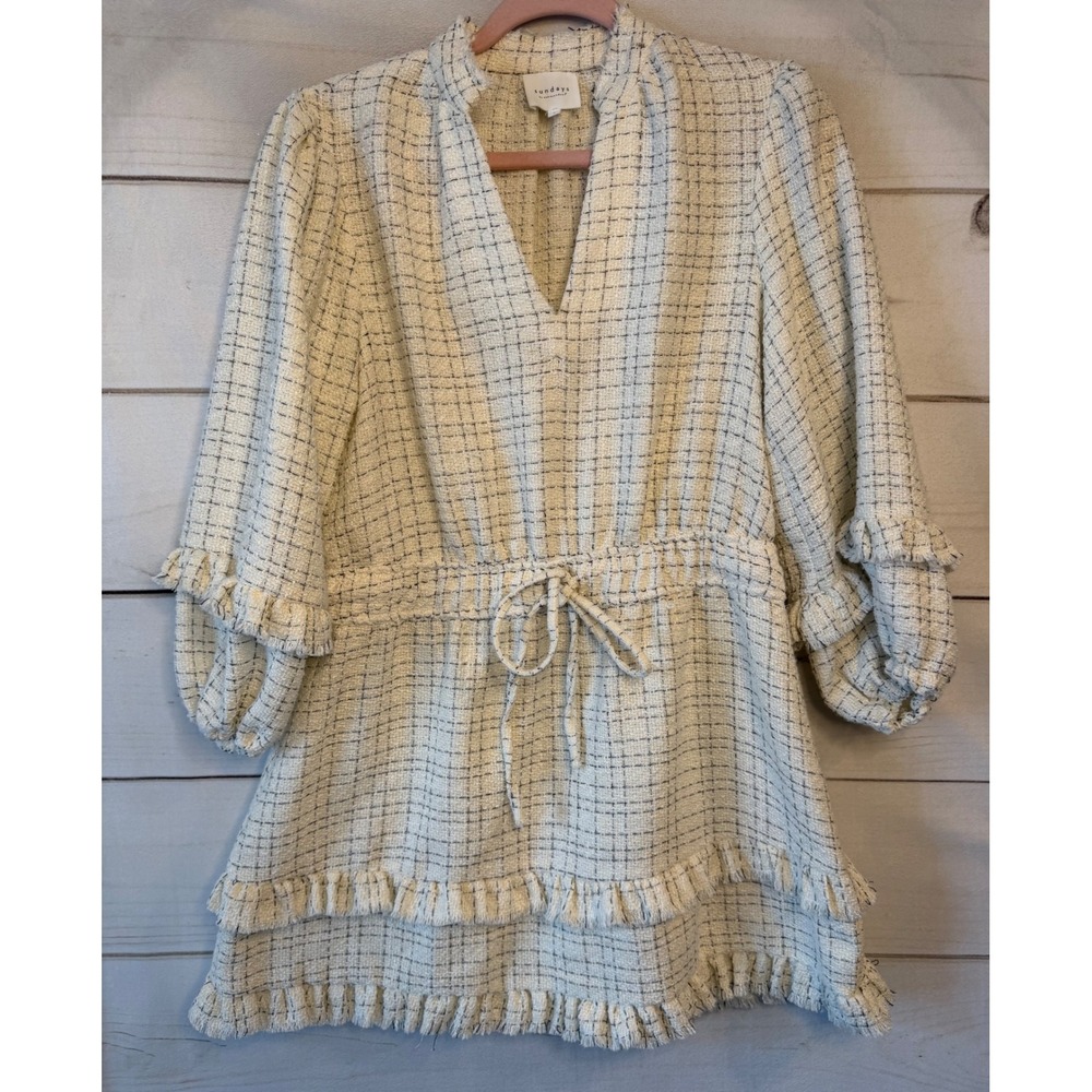 Sundays by We Are Sundays Cream Black Tweed Ruffle Mini Dress Small